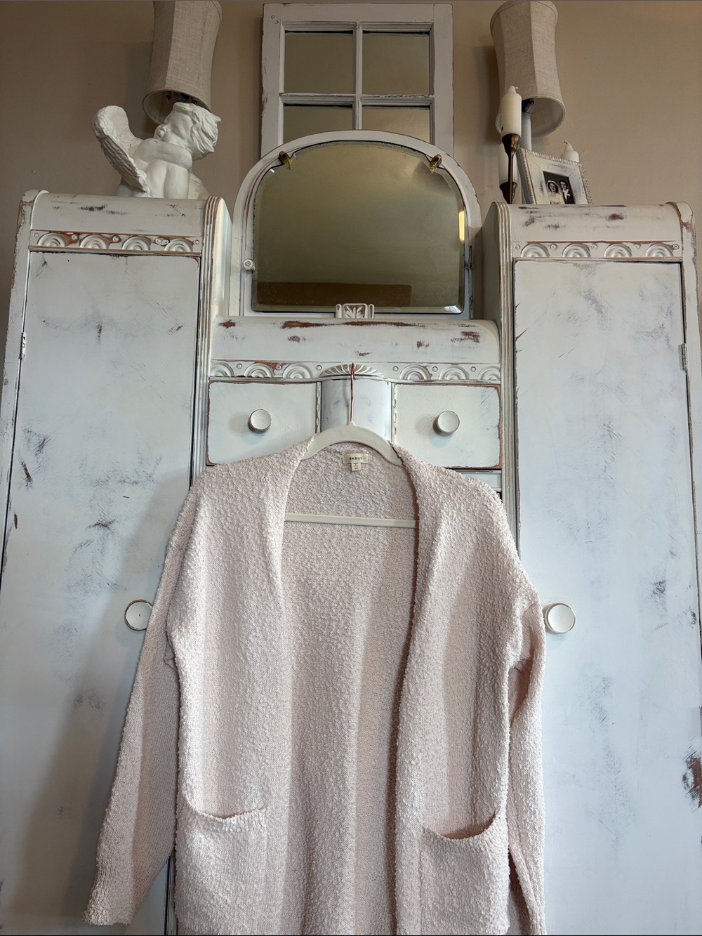 Cozy Open-Front Bouclé Cardigan Sweater in Light Blush cream